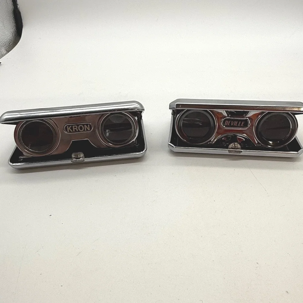 Vintage Kron and Deville Folding Opera Glasses Set Blue and Black Chrome Binocs